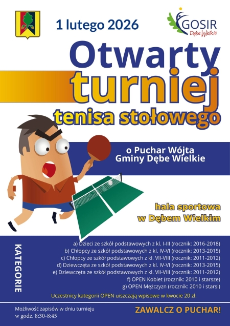 Otwarty Turniej Tenisa Stołowego o Puchar Wójta Gminy Dębe Wielkie 1.02.2026r.