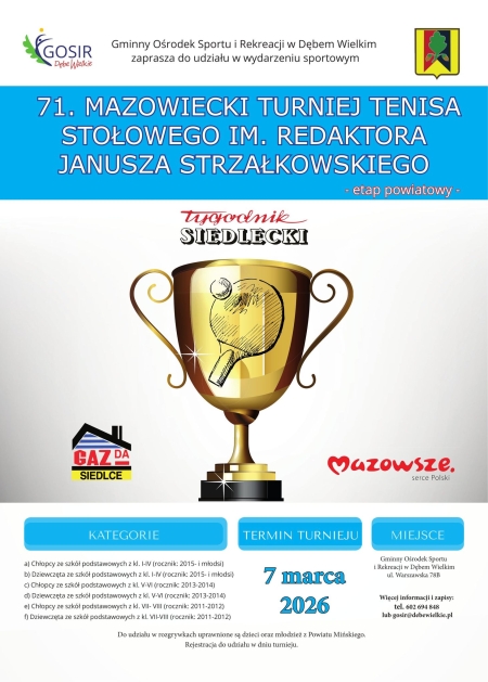 Turniej Tenisa Stołowego im. Redaktora Janusza Strzałkowskiego - etap powiatowy.