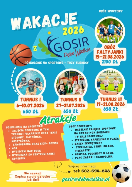 Półkolonie na sportowo  w trzech terminach: 6-10.07.2026, 27-31.07.2026, 17-21.08.2026